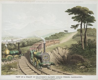 Veduta di un treno di carrozze a guida brevettata di Prosser da W.L. Walton